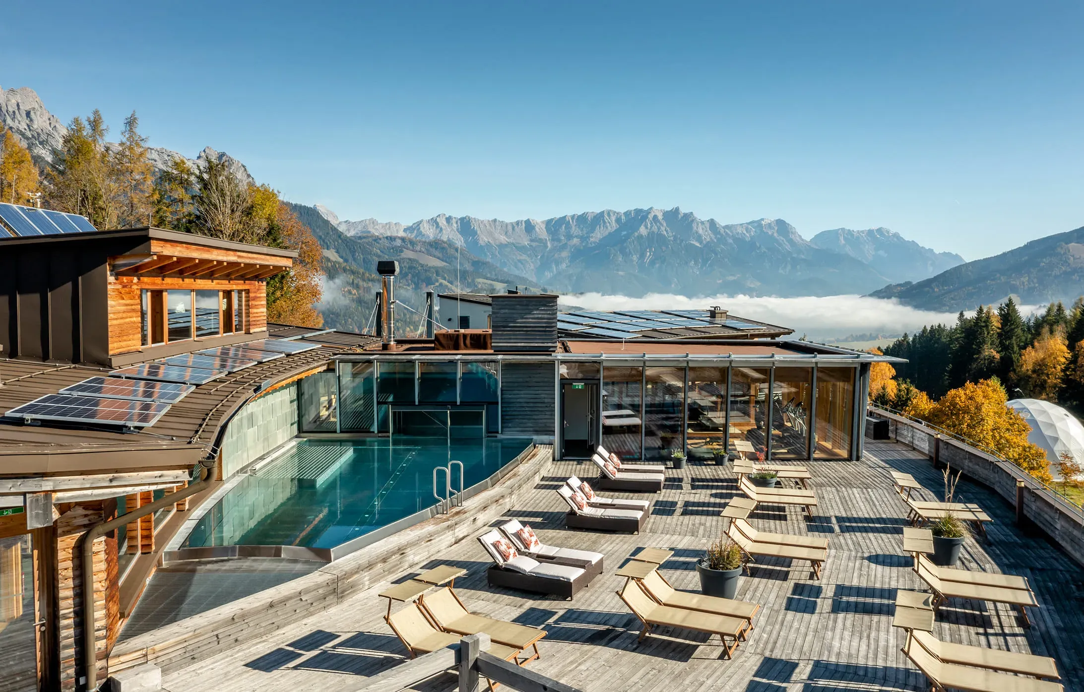 Rooftop pool in het houten hotel